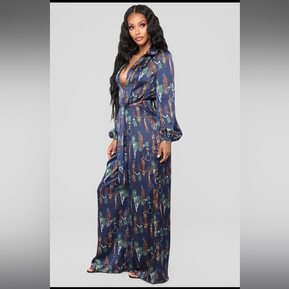 Navy Satin Jumpsuit long sleeve / chain print - Picture 3 of 10